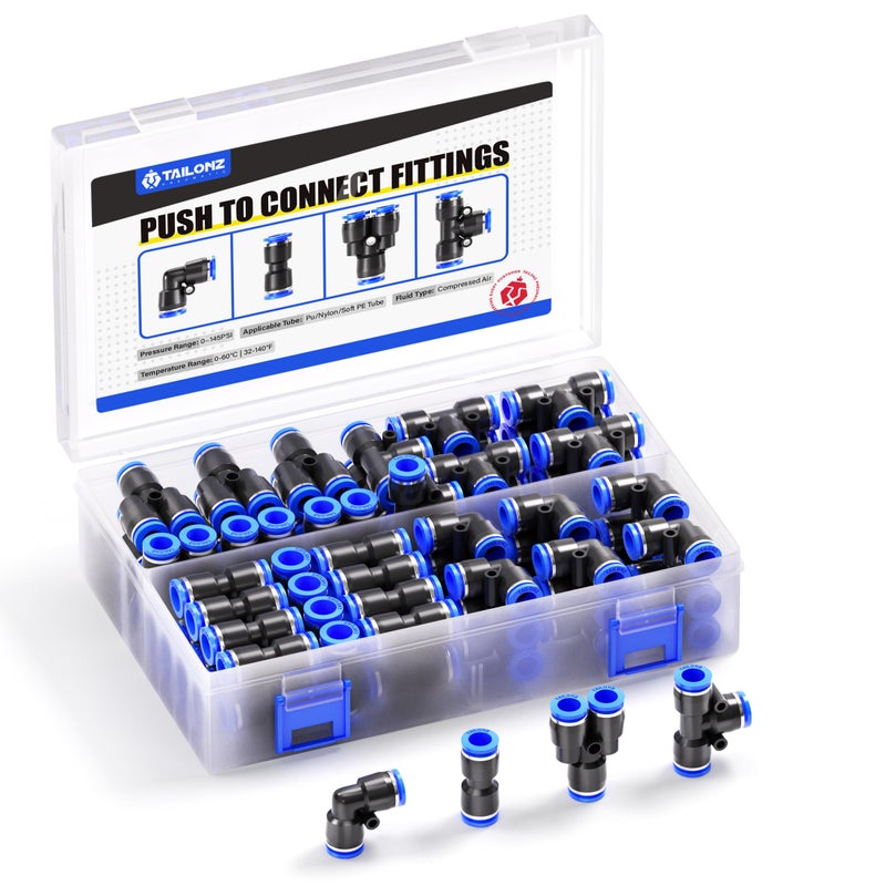 TAILONZ PNEUMATIC 1/4 Inch od Push to Connect Fittings Pneumatic Fittings Kit 20 Spliters+20 Elbows+20 tee+20 Straight (80 pcs) - Image 1
